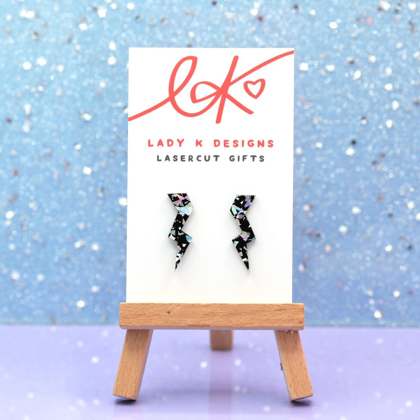 Silver Disco Confetti Acrylic Stormy Lightning Bolt Medium Stud Earrings