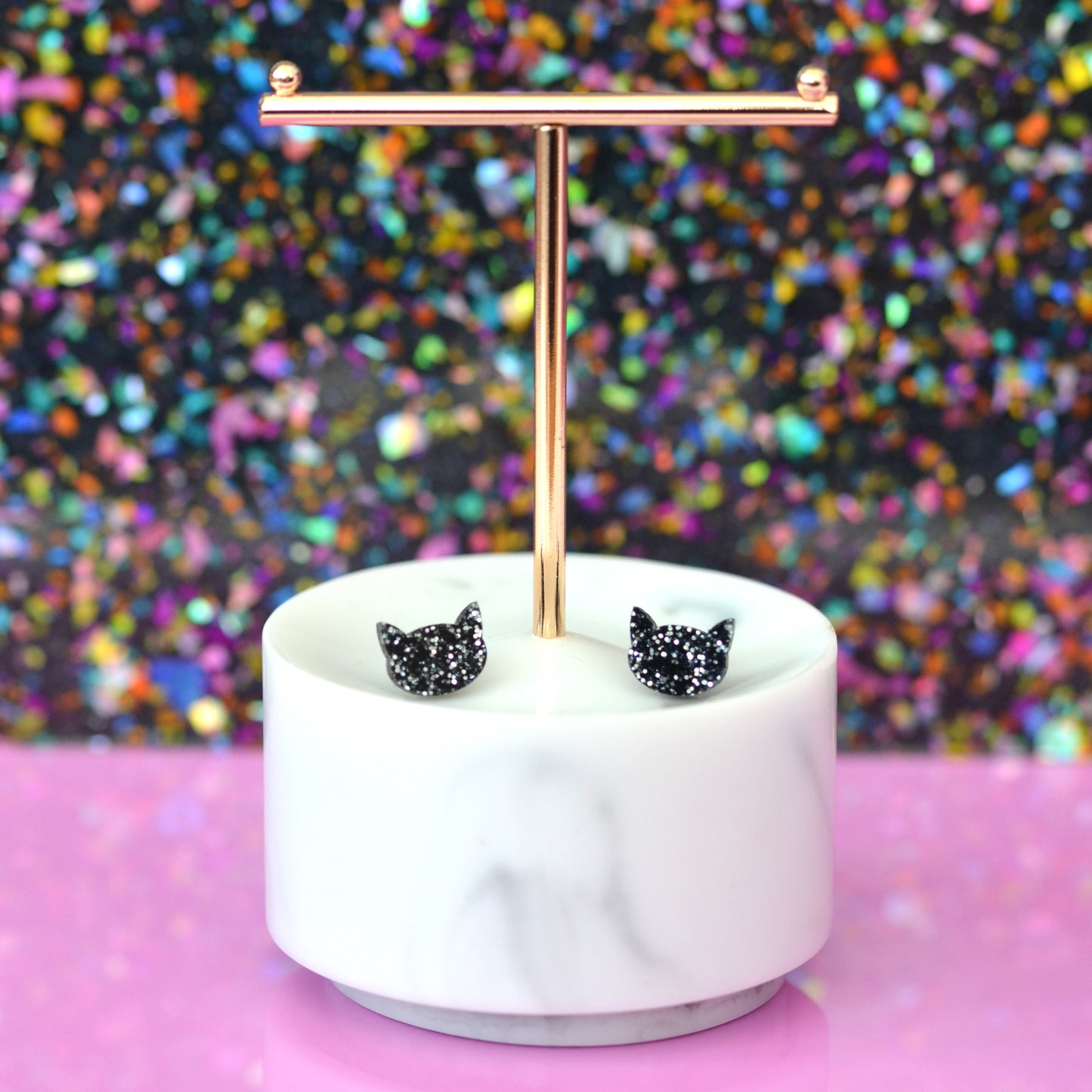 Black Glitter Acrylic Kitty Cat Earring Studs