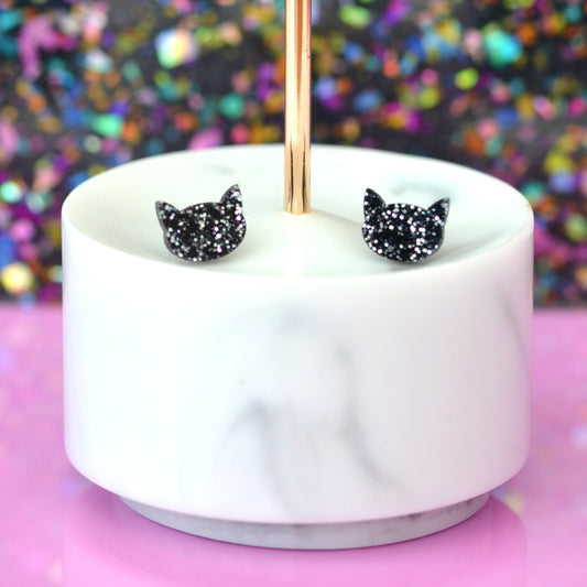 Black Glitter Acrylic Kitty Cat Earring Studs