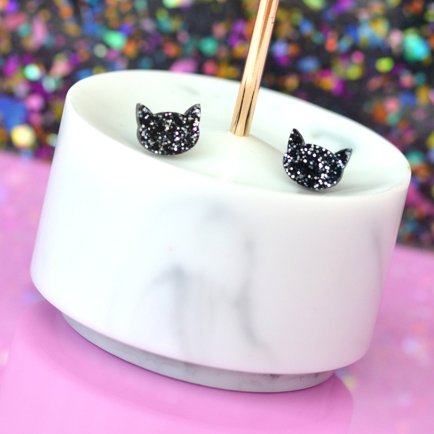 Black Glitter Acrylic Kitty Cat Earring Studs
