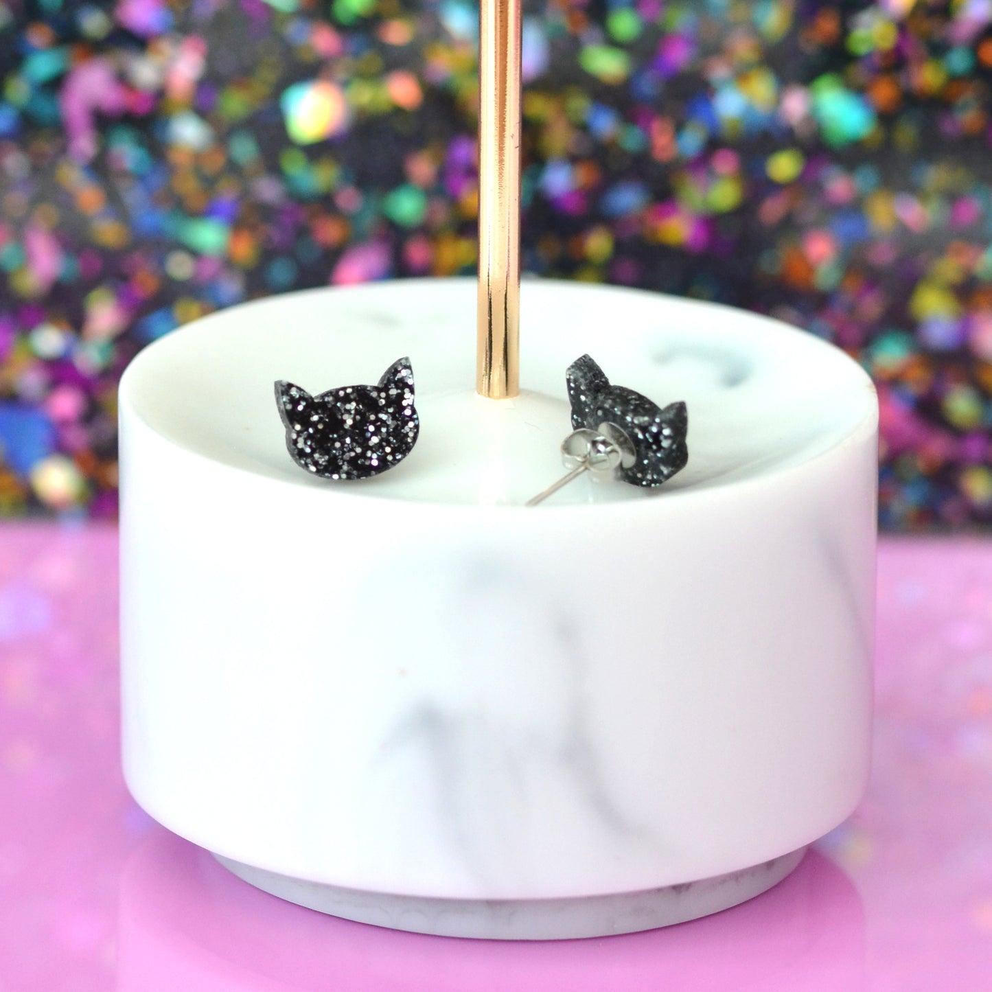 Black Glitter Acrylic Kitty Cat Earring Studs
