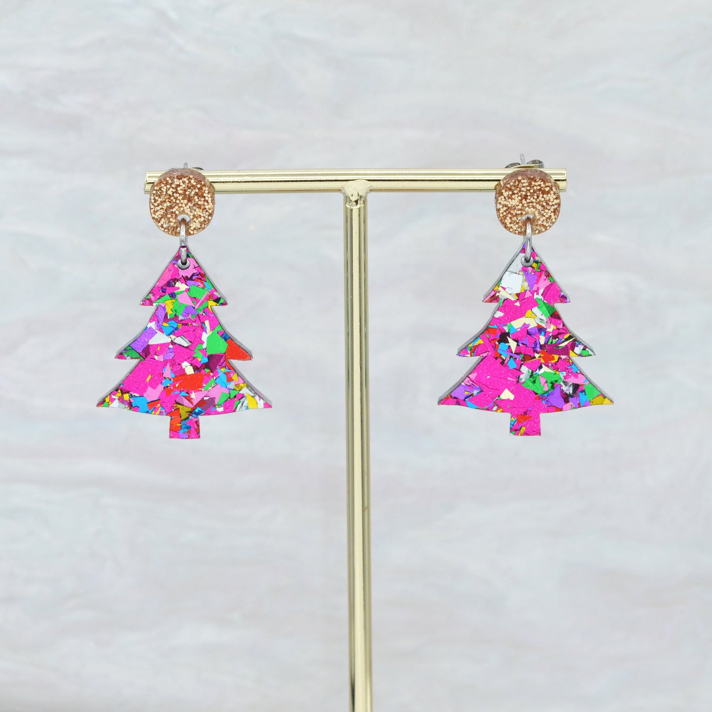 Pink Rainbow Festive Confetti Acrylic Christmas Tree Dangle Earrings