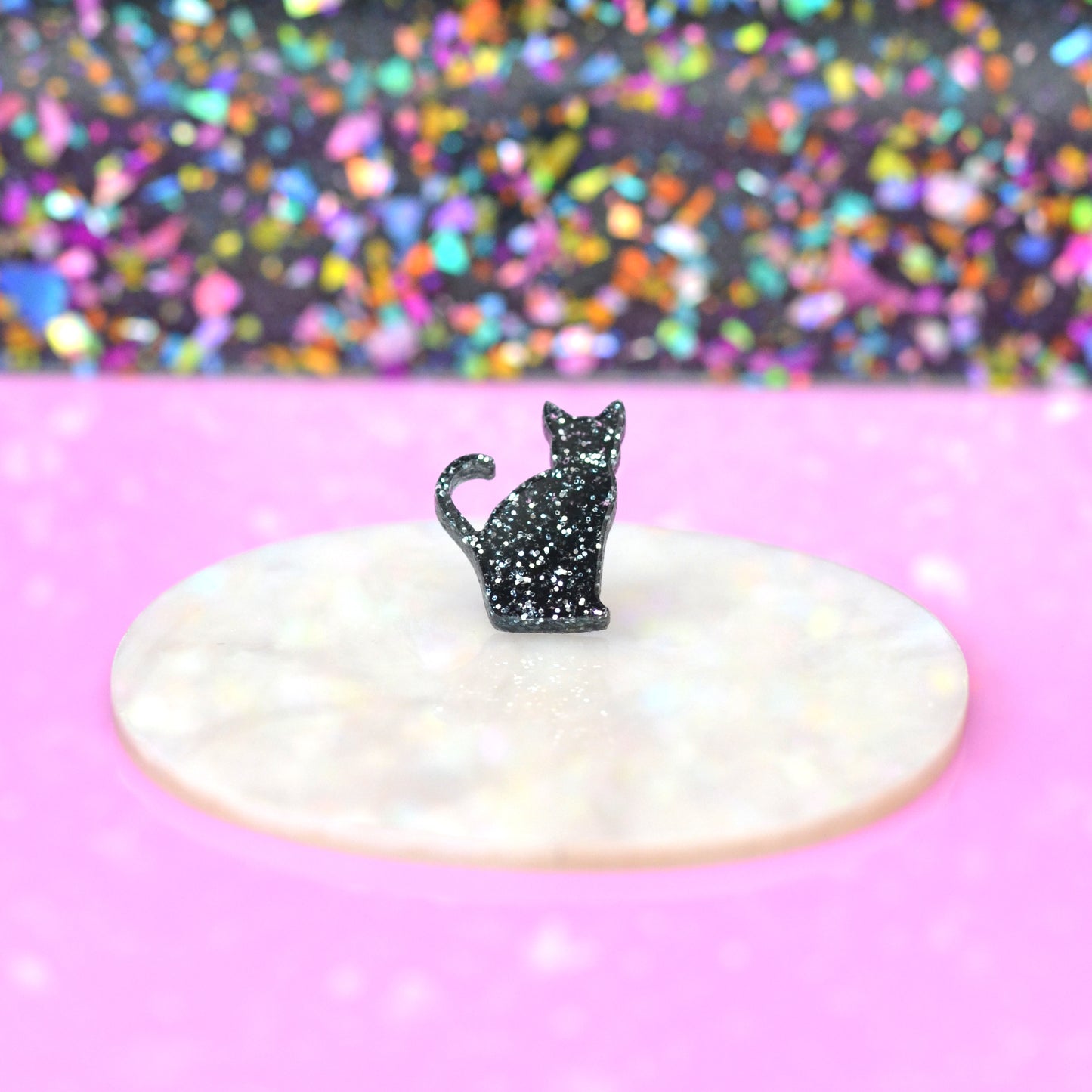 Black Glitter Acrylic Kitty Cat Brooch
