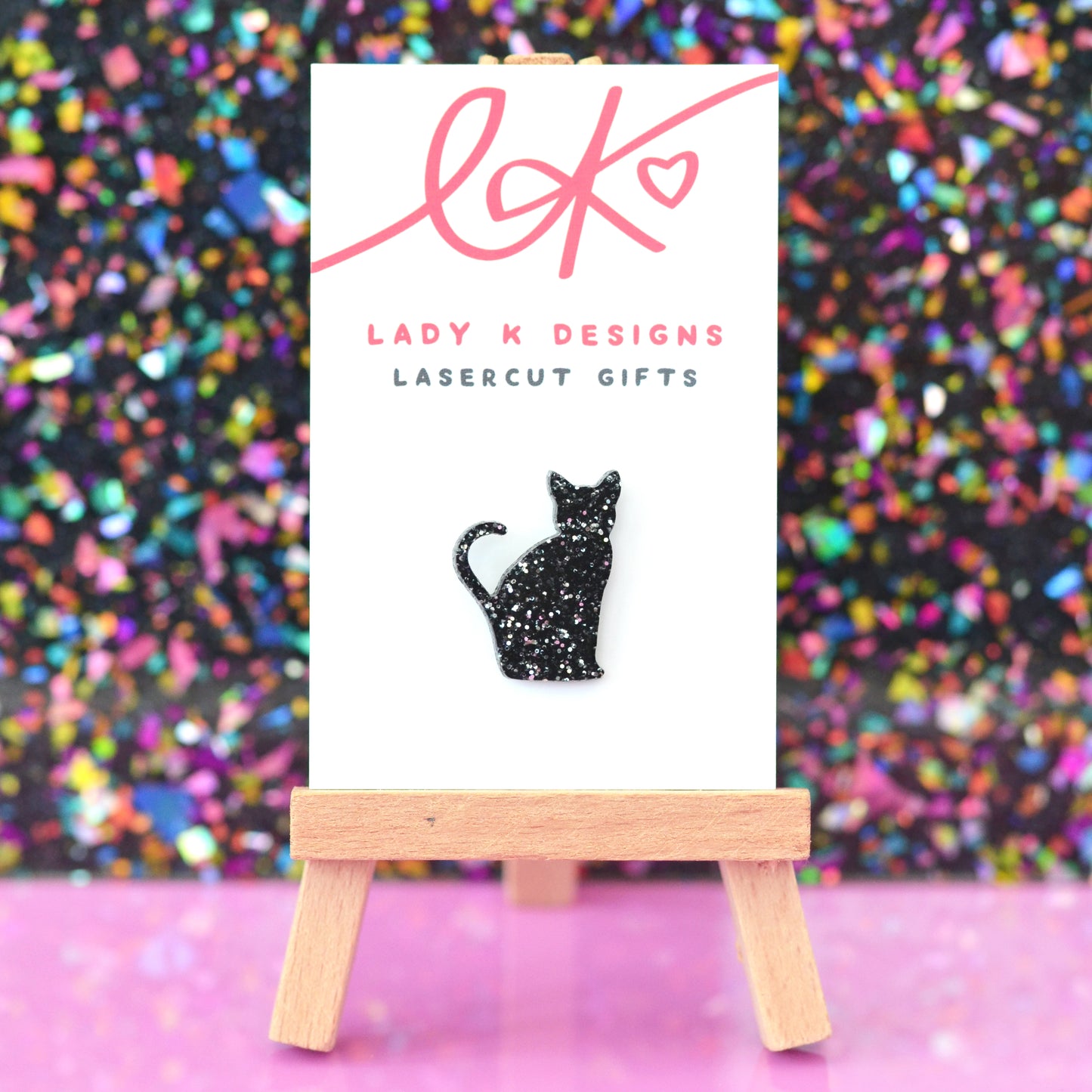 Black Glitter Acrylic Kitty Cat Brooch