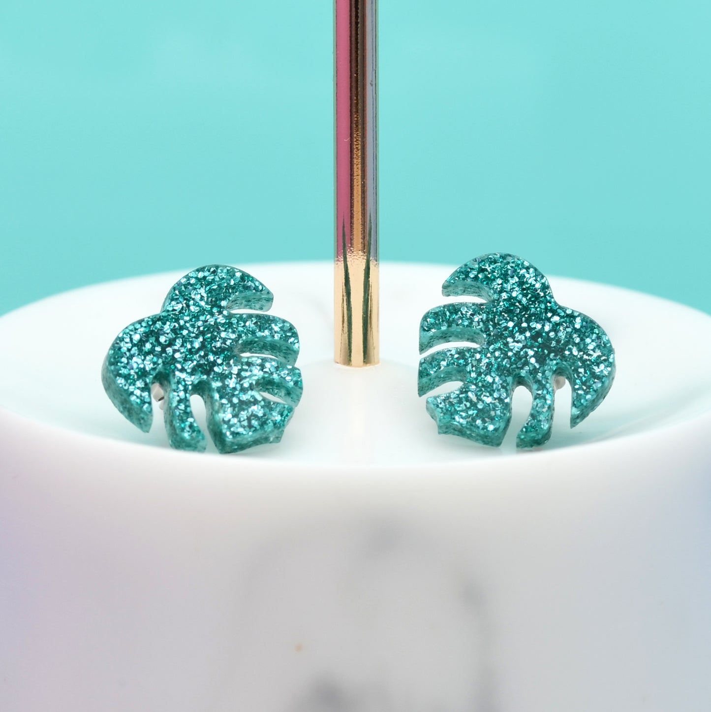 Glitter Acrylic Monstera Leaf Earring Studs