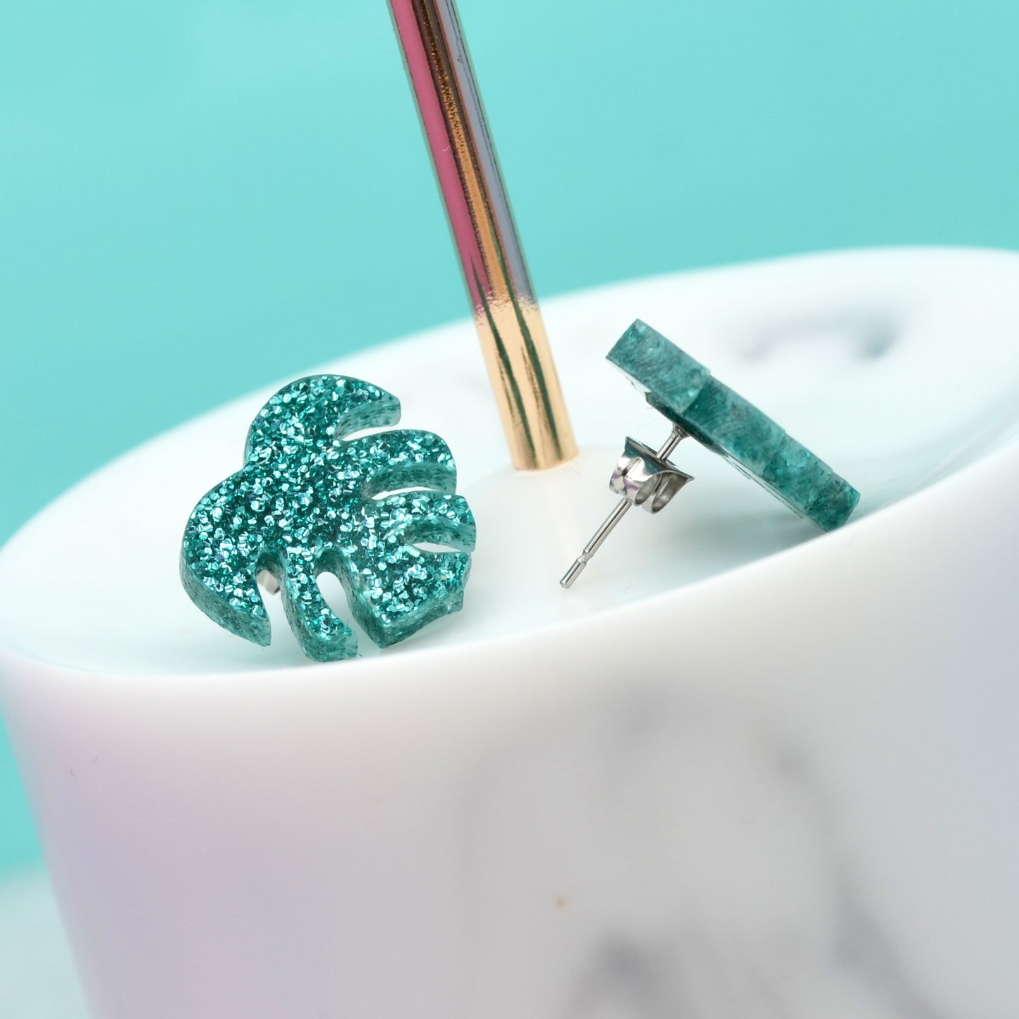 Glitter Acrylic Monstera Leaf Earring Studs