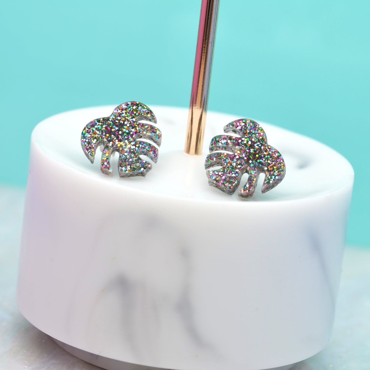 Glitter Acrylic Monstera Leaf Earring Studs