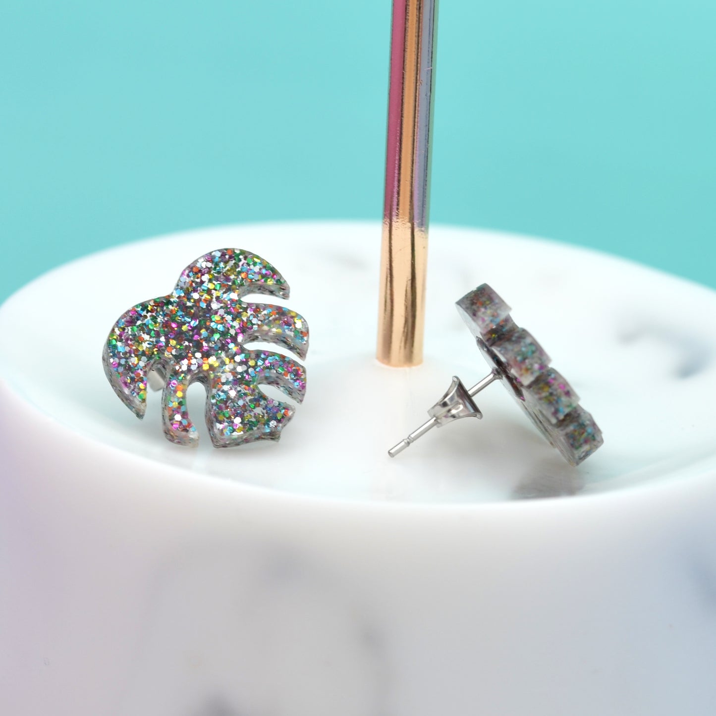 Glitter Acrylic Monstera Leaf Earring Studs