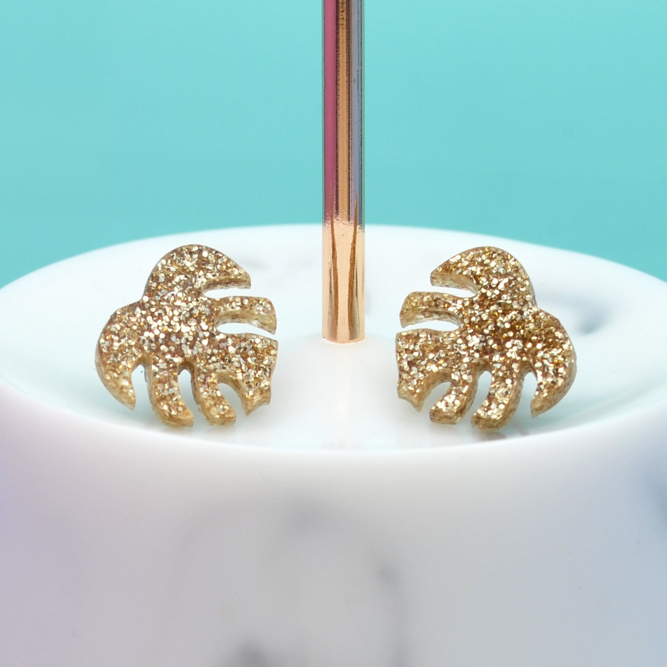 Glitter Acrylic Monstera Leaf Earring Studs
