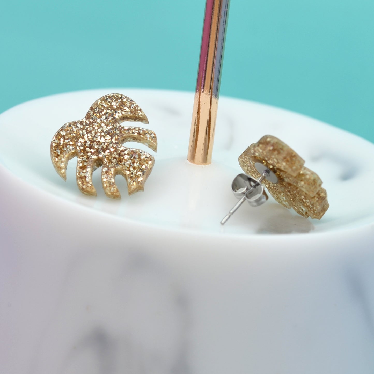 Glitter Acrylic Monstera Leaf Earring Studs