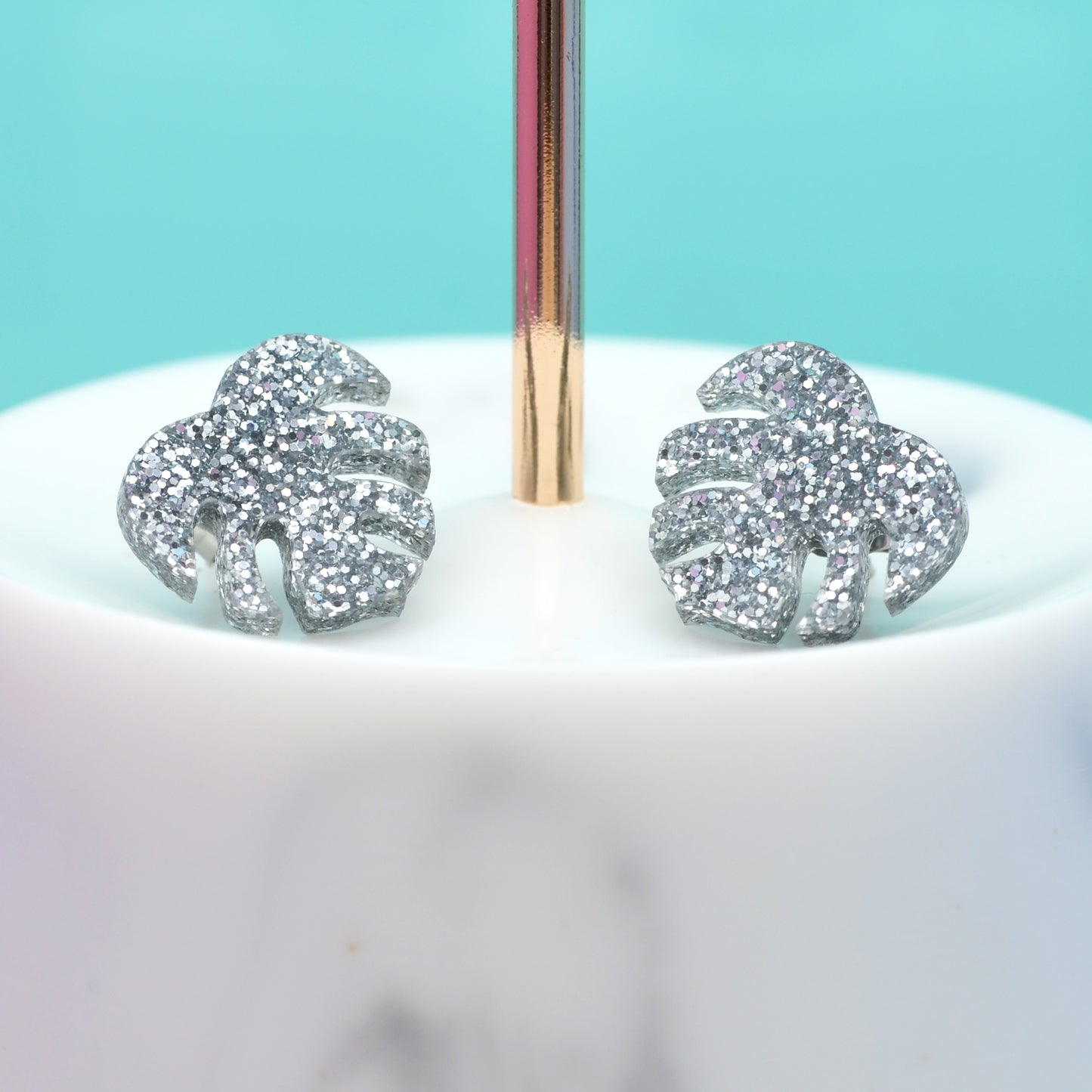 Glitter Acrylic Monstera Leaf Earring Studs