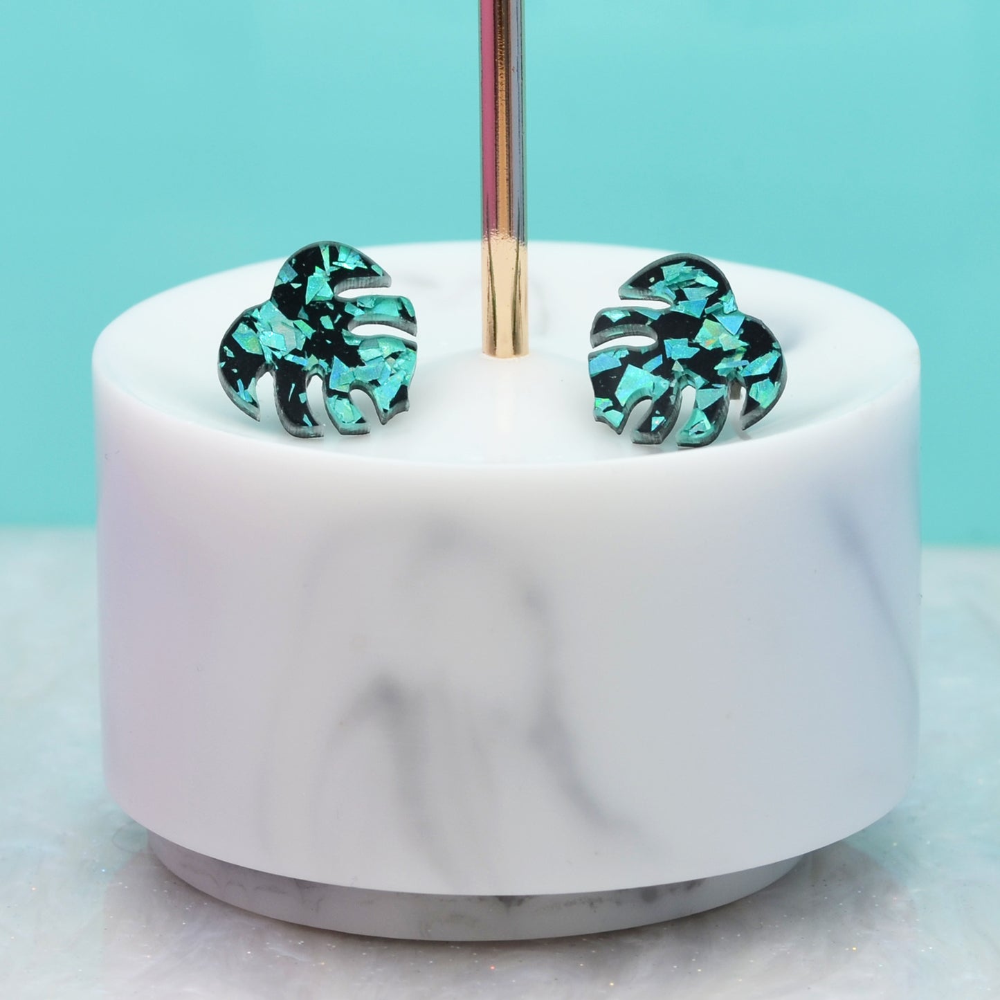 Green Disco Confetti Monstera Leaf Earring Studs