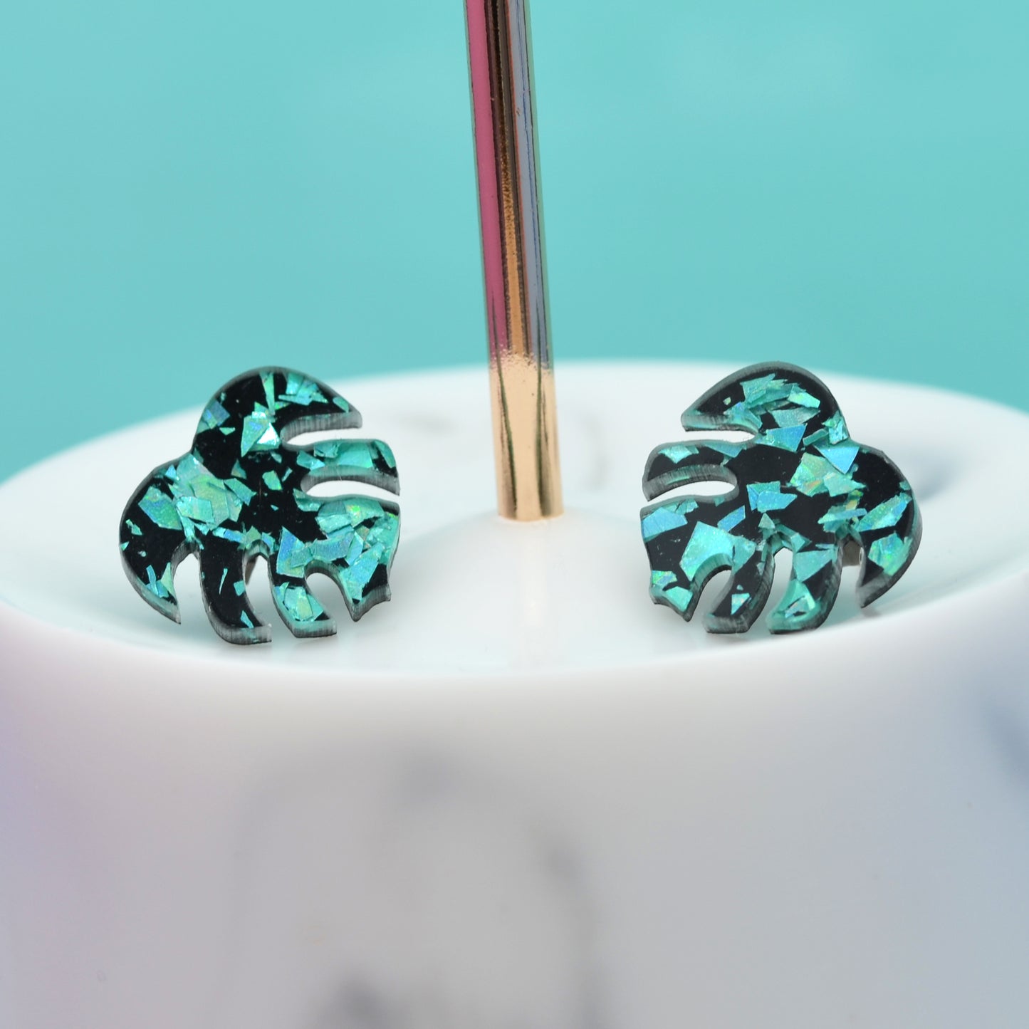 Green Disco Confetti Monstera Leaf Earring Studs