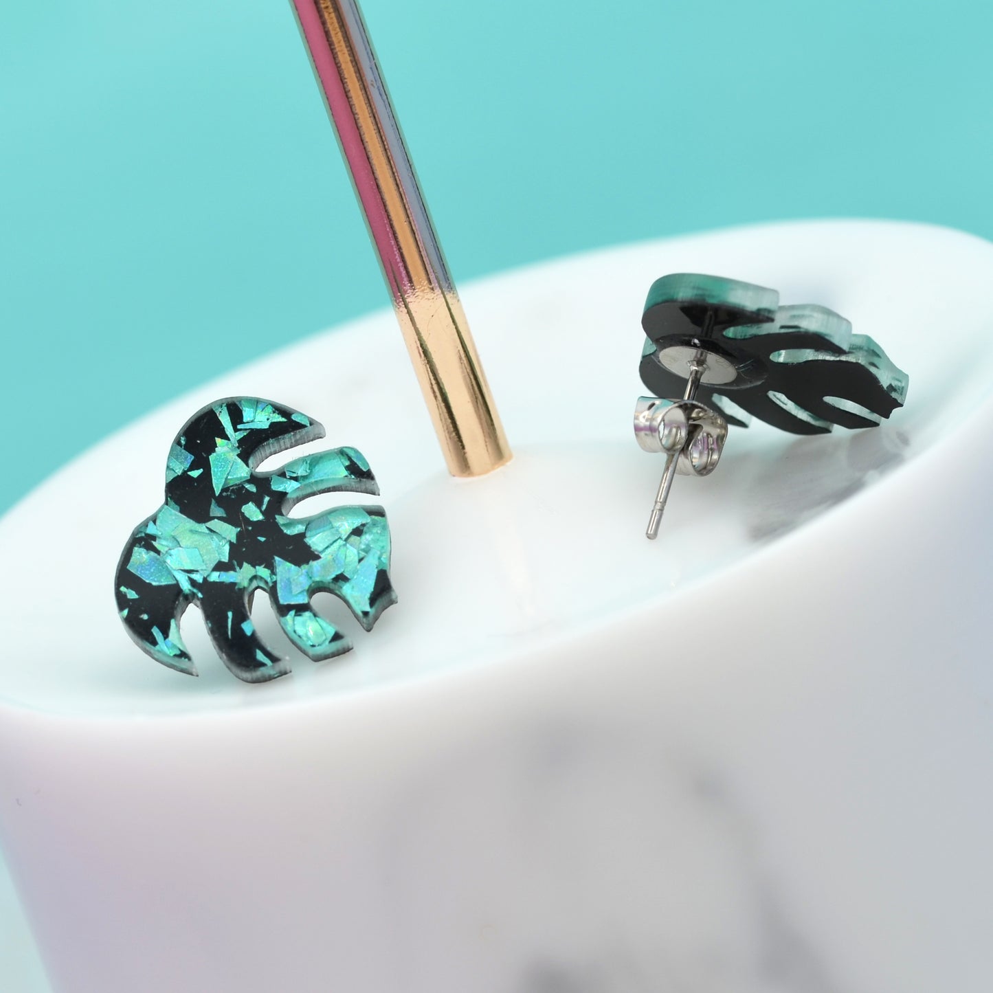 Green Disco Confetti Monstera Leaf Earring Studs