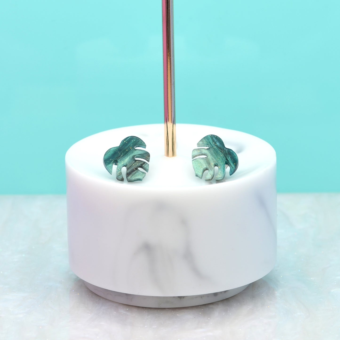 Green Glitter Marble Monstera Leaf Earring Studs