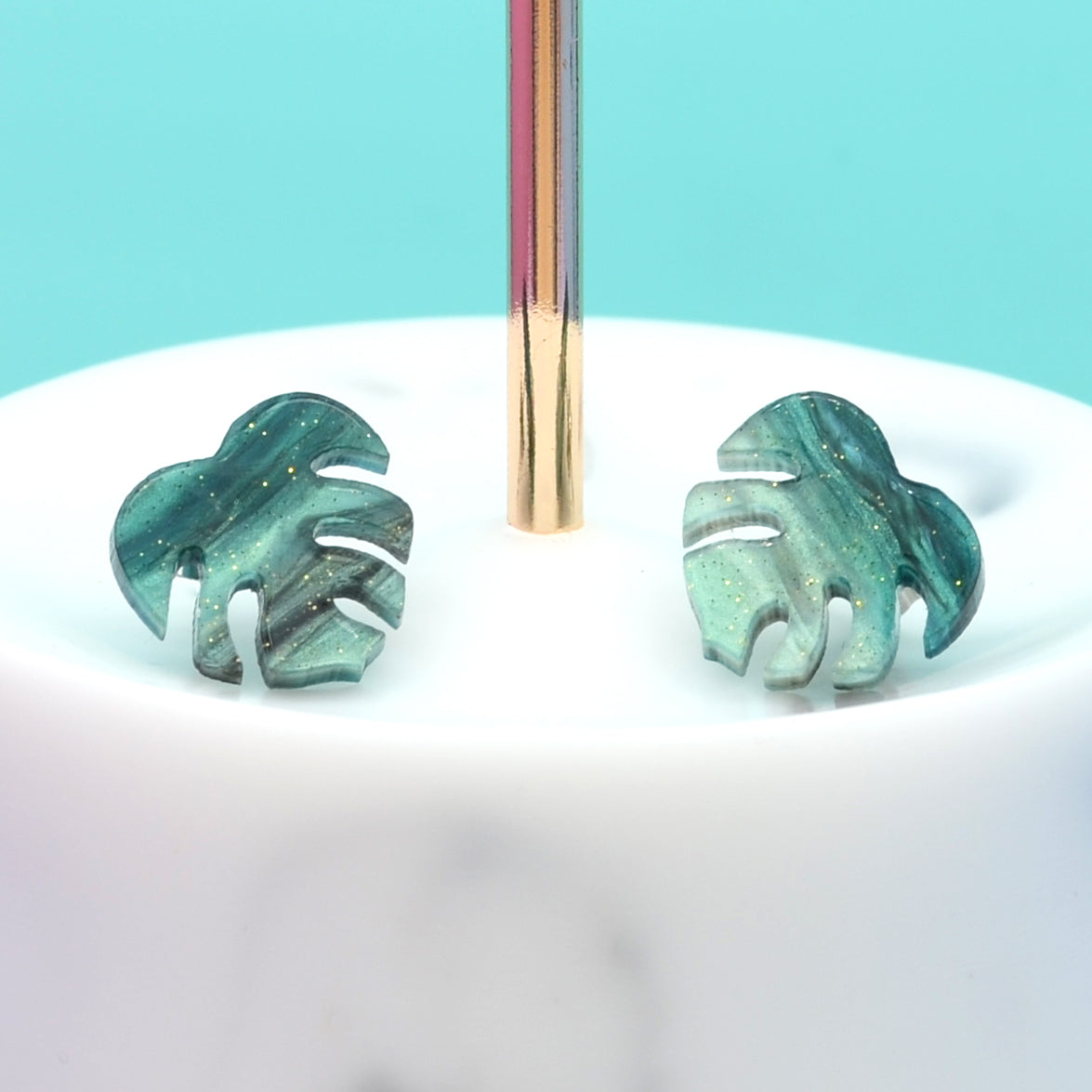 Green Glitter Marble Monstera Leaf Earring Studs