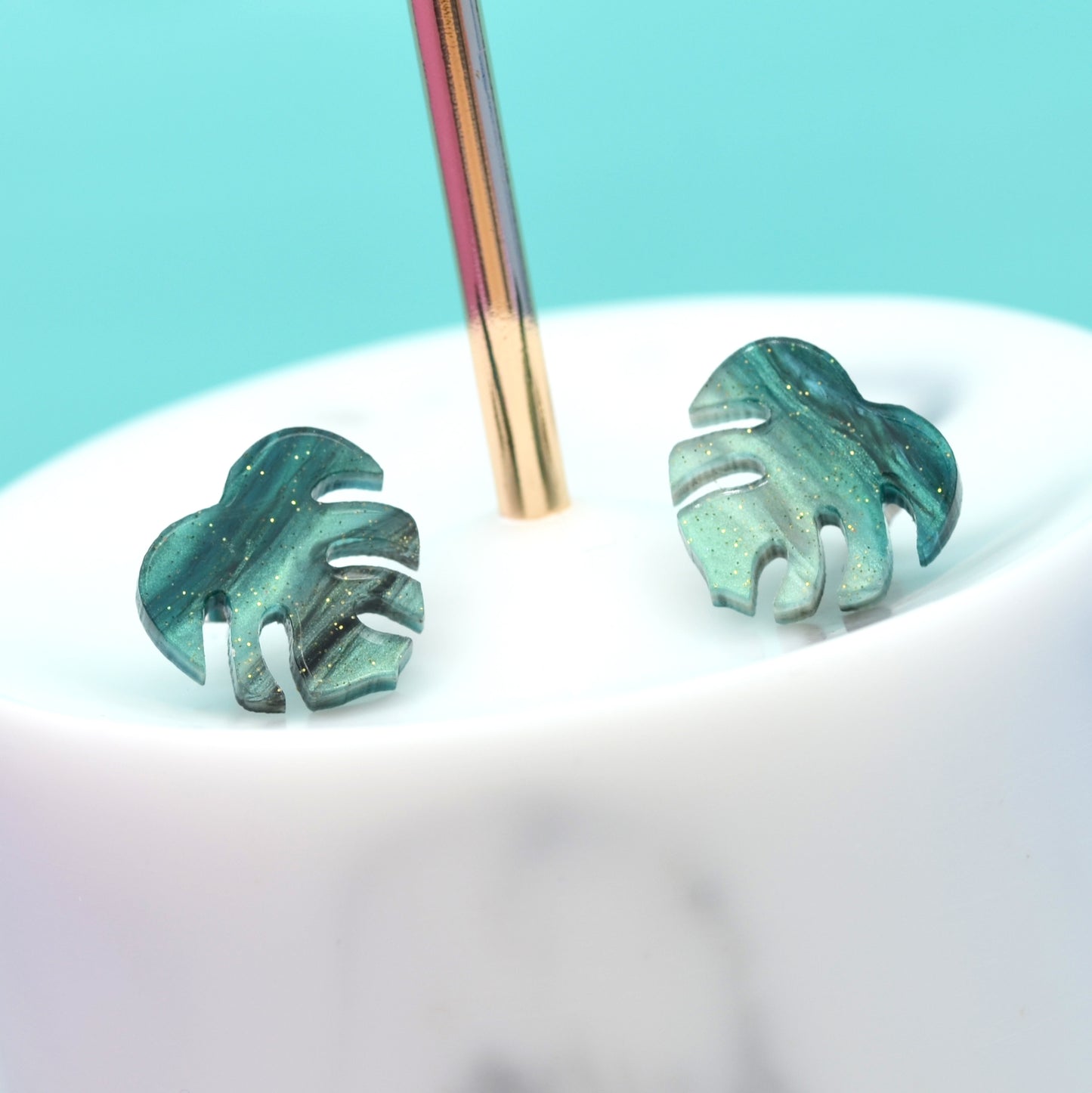 Green Glitter Marble Monstera Leaf Earring Studs
