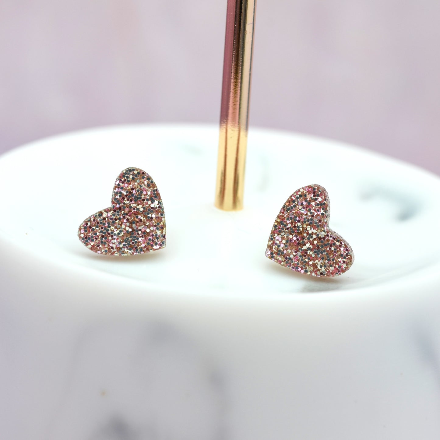 Rose Gold Glitter Acrylic Heart Stud Earrings (2 Sizes Available)