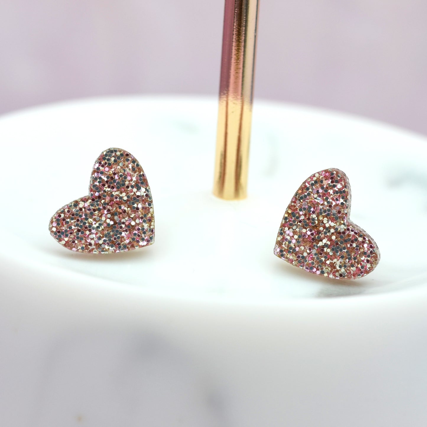 Rose Gold Glitter Acrylic Heart Stud Earrings (2 Sizes Available)