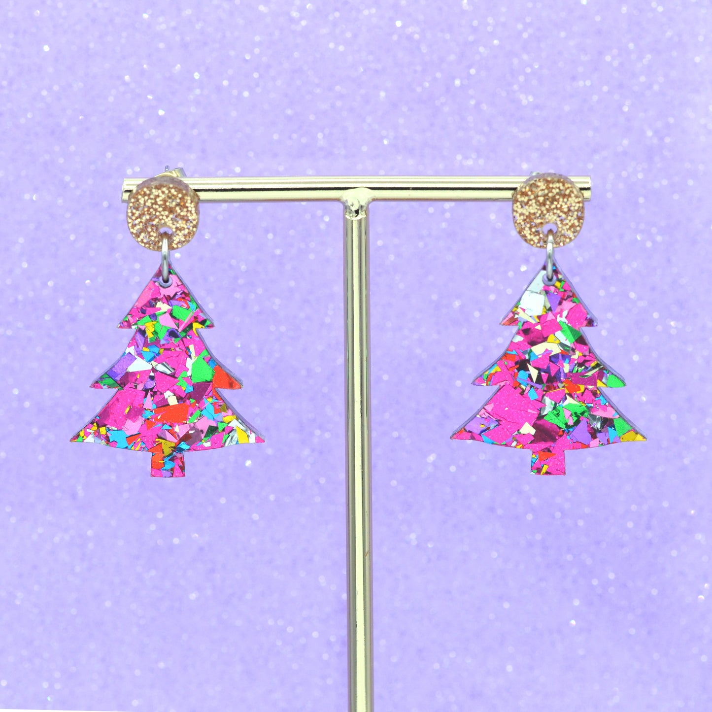 Pink Rainbow Festive Confetti Acrylic Christmas Tree Dangle Earrings