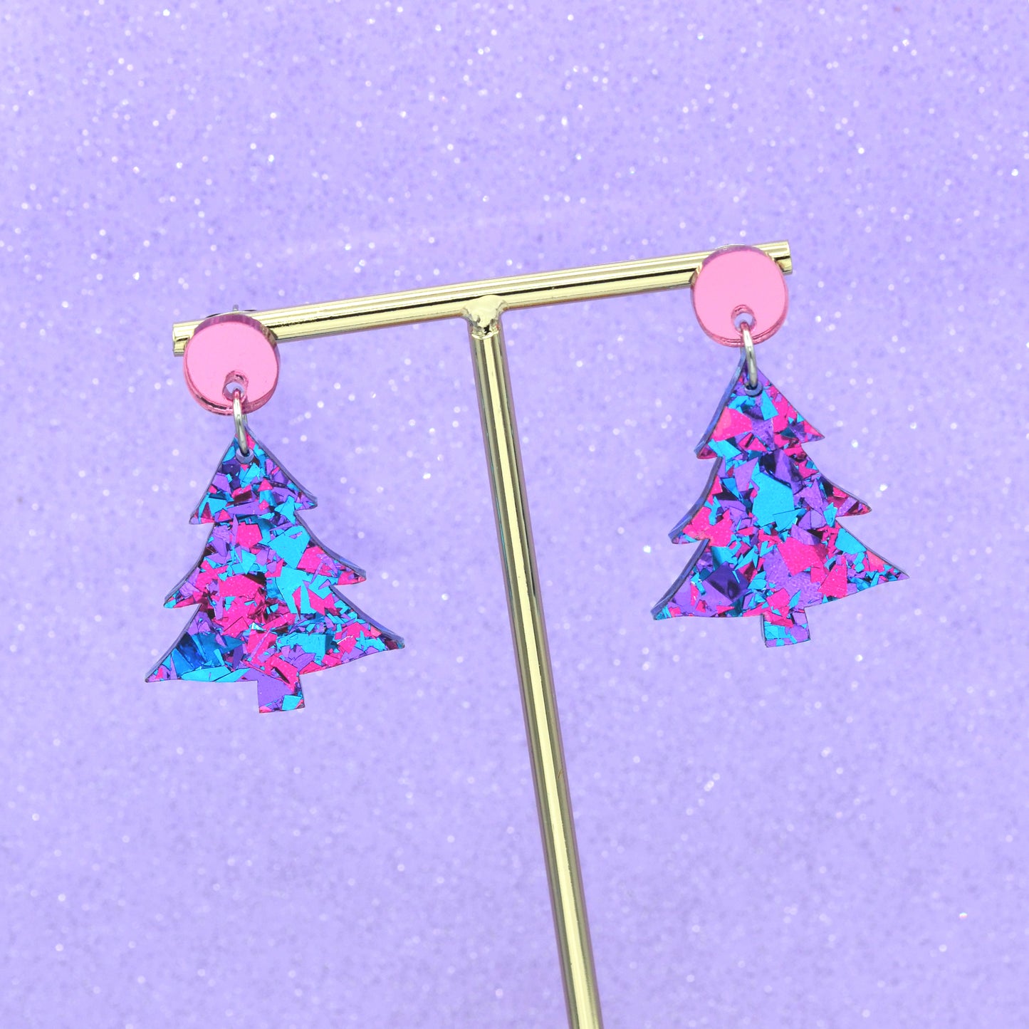 Pink Rainbow Festive Confetti Acrylic Christmas Tree Dangle Earrings