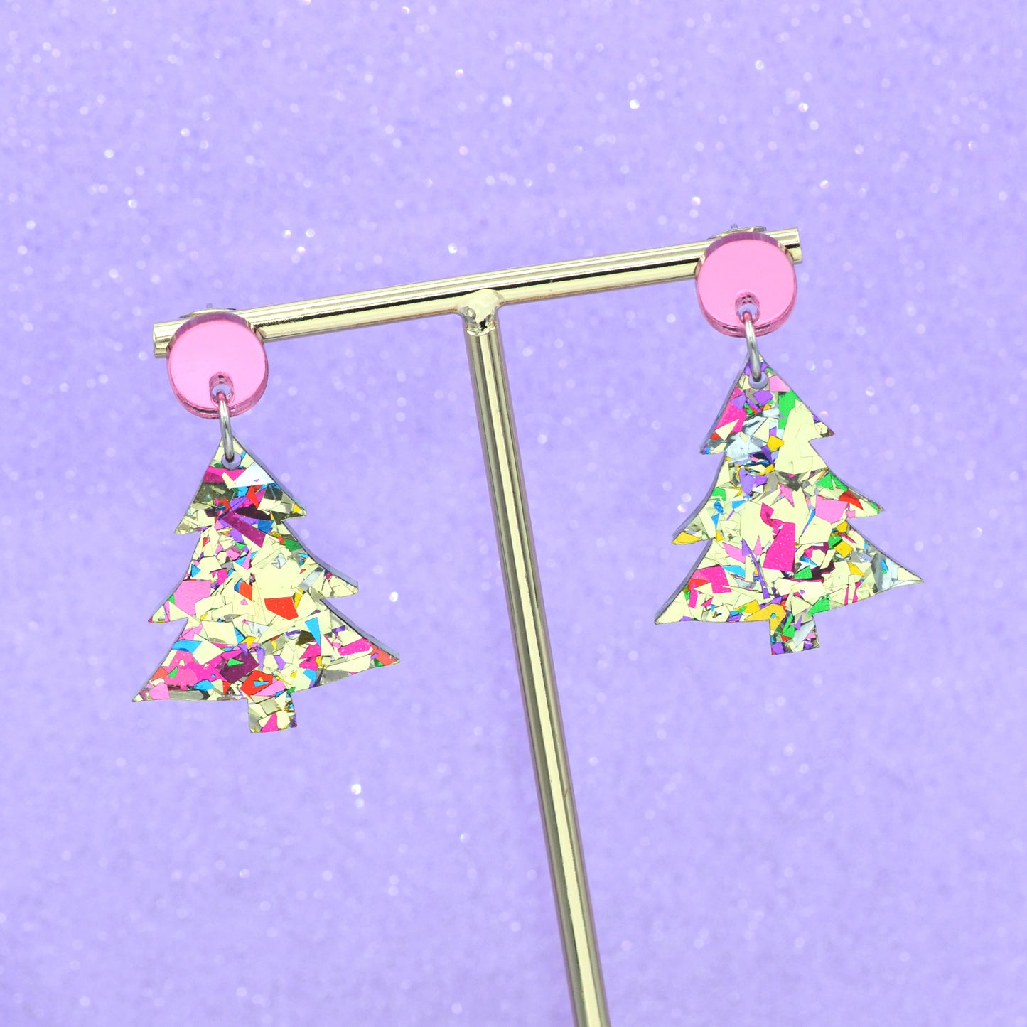 Pink Rainbow Festive Confetti Acrylic Christmas Tree Dangle Earrings