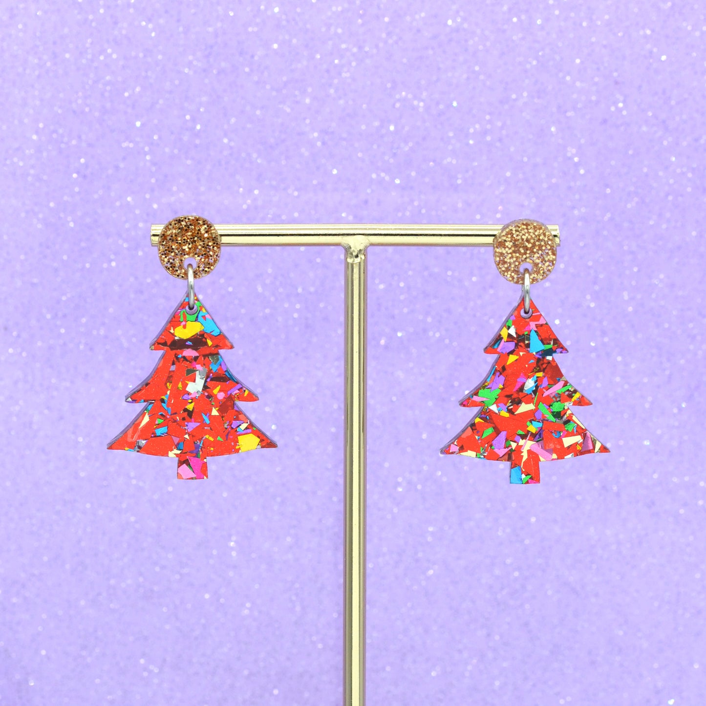 Pink Rainbow Festive Confetti Acrylic Christmas Tree Dangle Earrings