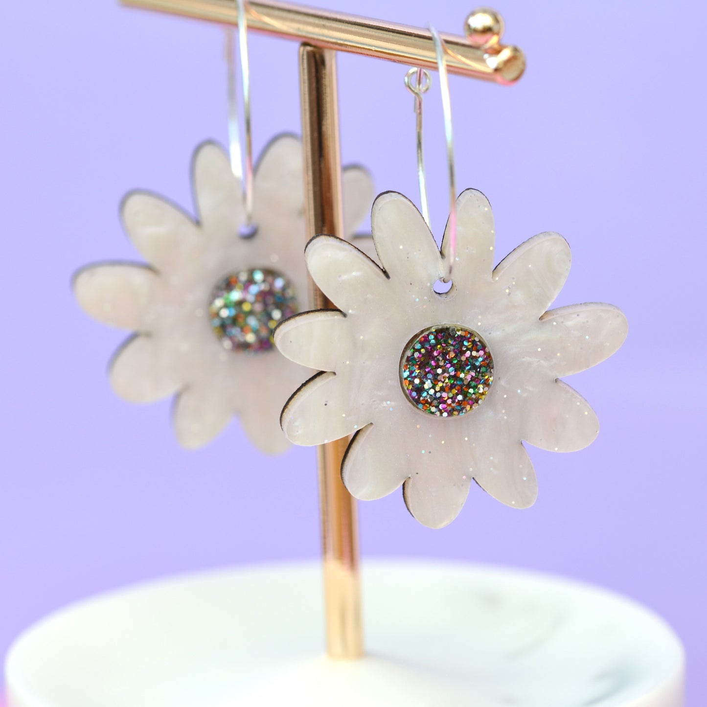 Daisy Dangle Glitter Acrylic Laser Cut Hoop Earrings