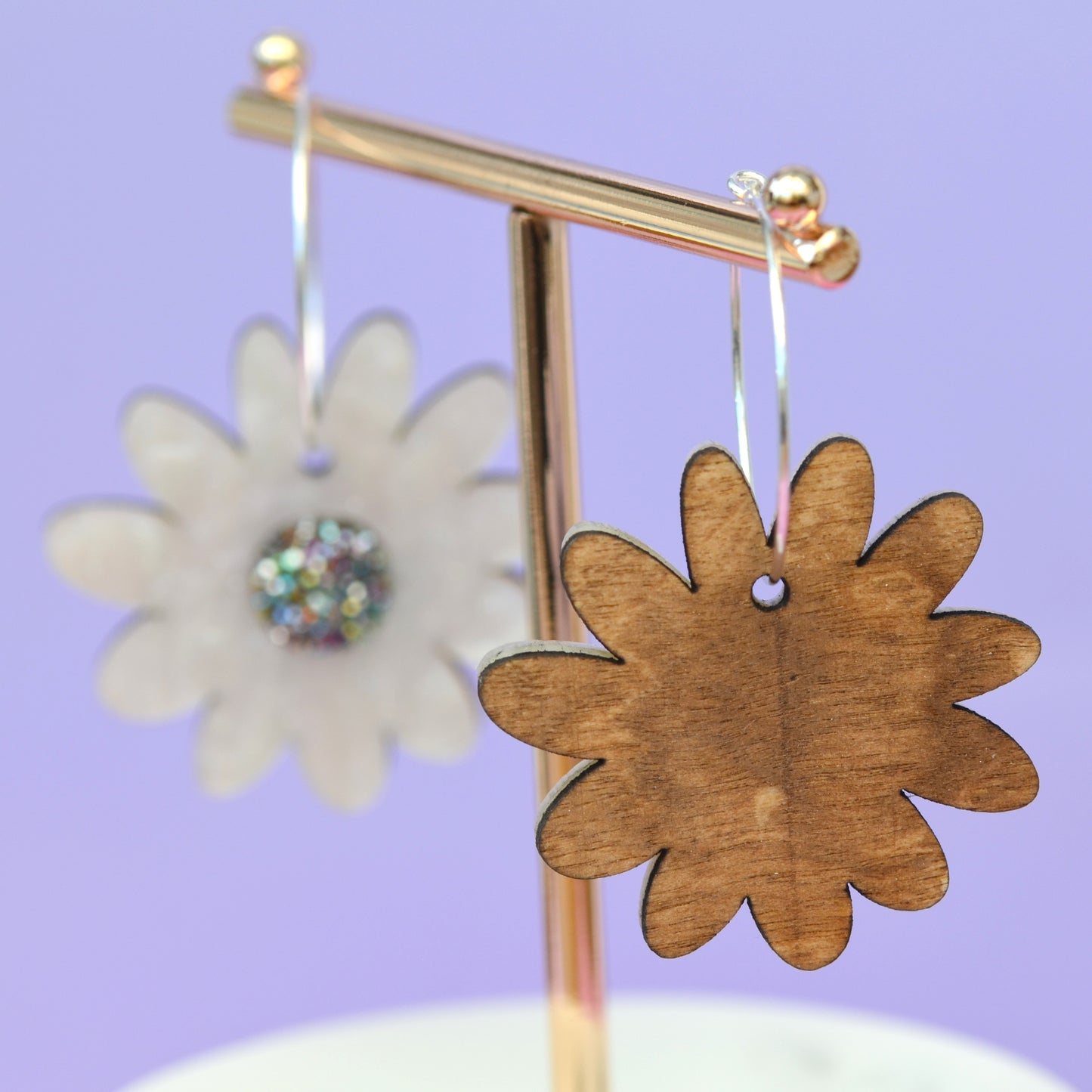 Daisy Dangle Glitter Acrylic Laser Cut Hoop Earrings