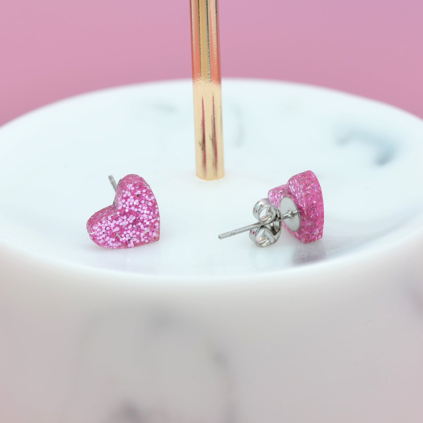 NEW Mini Bubblegum Pink Glitter Love Heart Earrings Studs