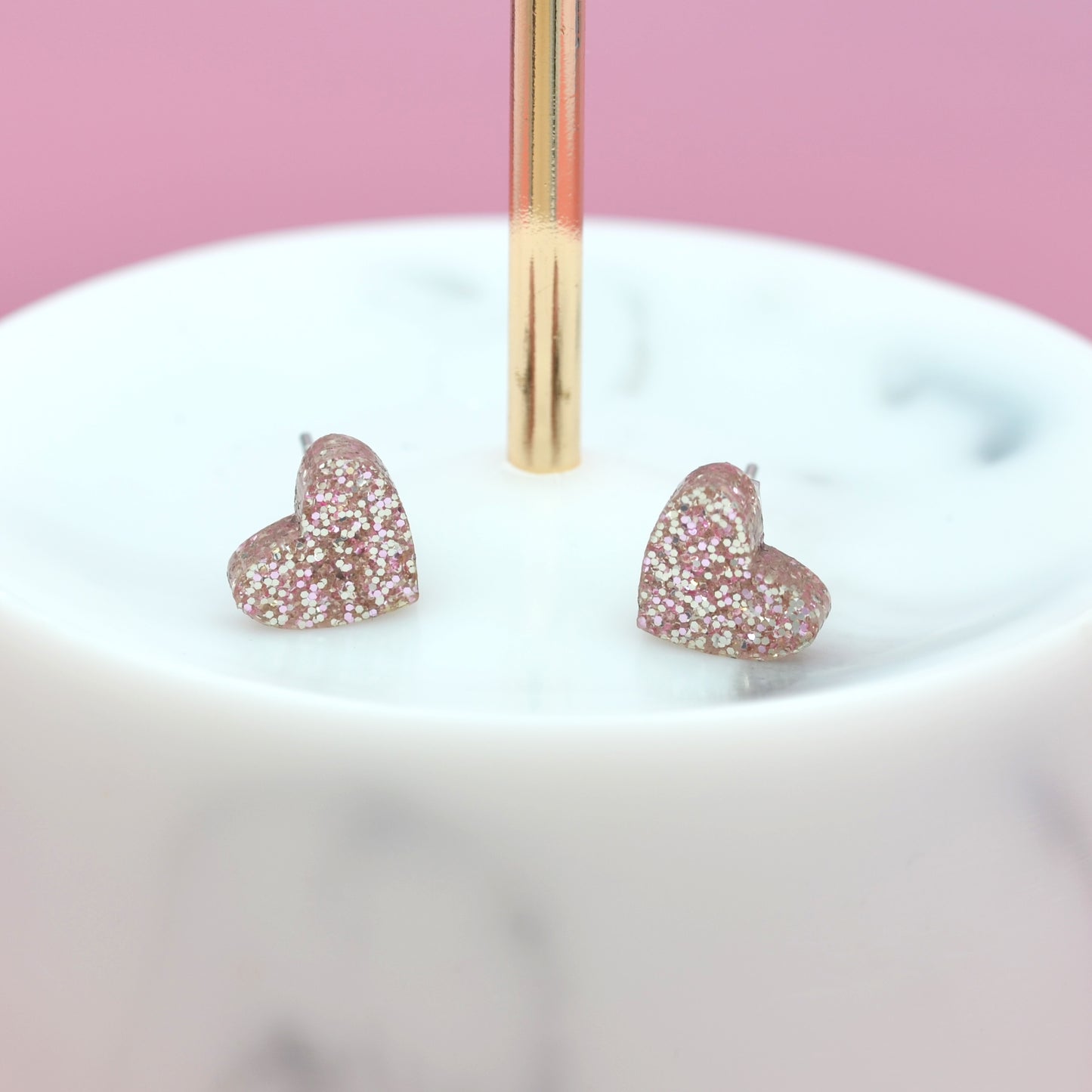 Rose Gold Glitter Acrylic Heart Stud Earrings (2 Sizes Available)