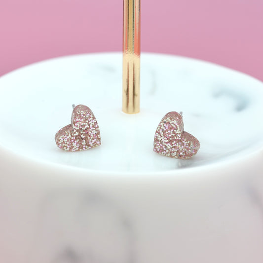 NEW Mini Rose Gold Glitter Love Heart Earrings Studs