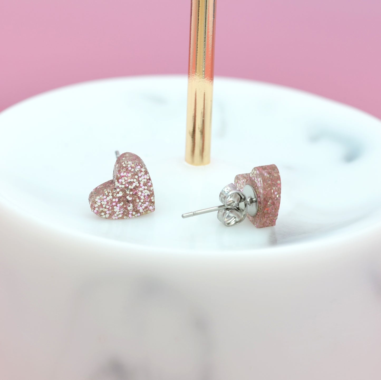 Rose Gold Glitter Acrylic Heart Stud Earrings (2 Sizes Available)
