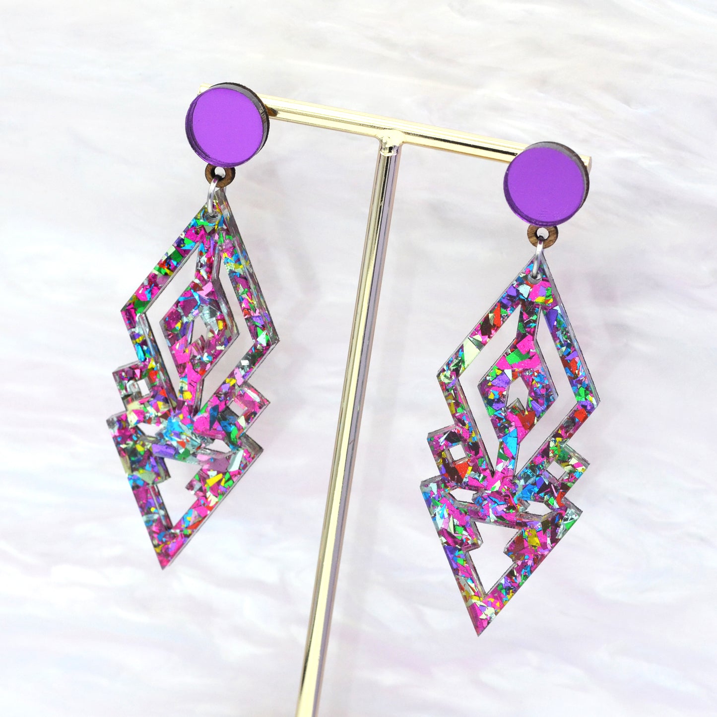 Art Deco Pink Rainbow Festival Confetti Acrylic Statement Earrings