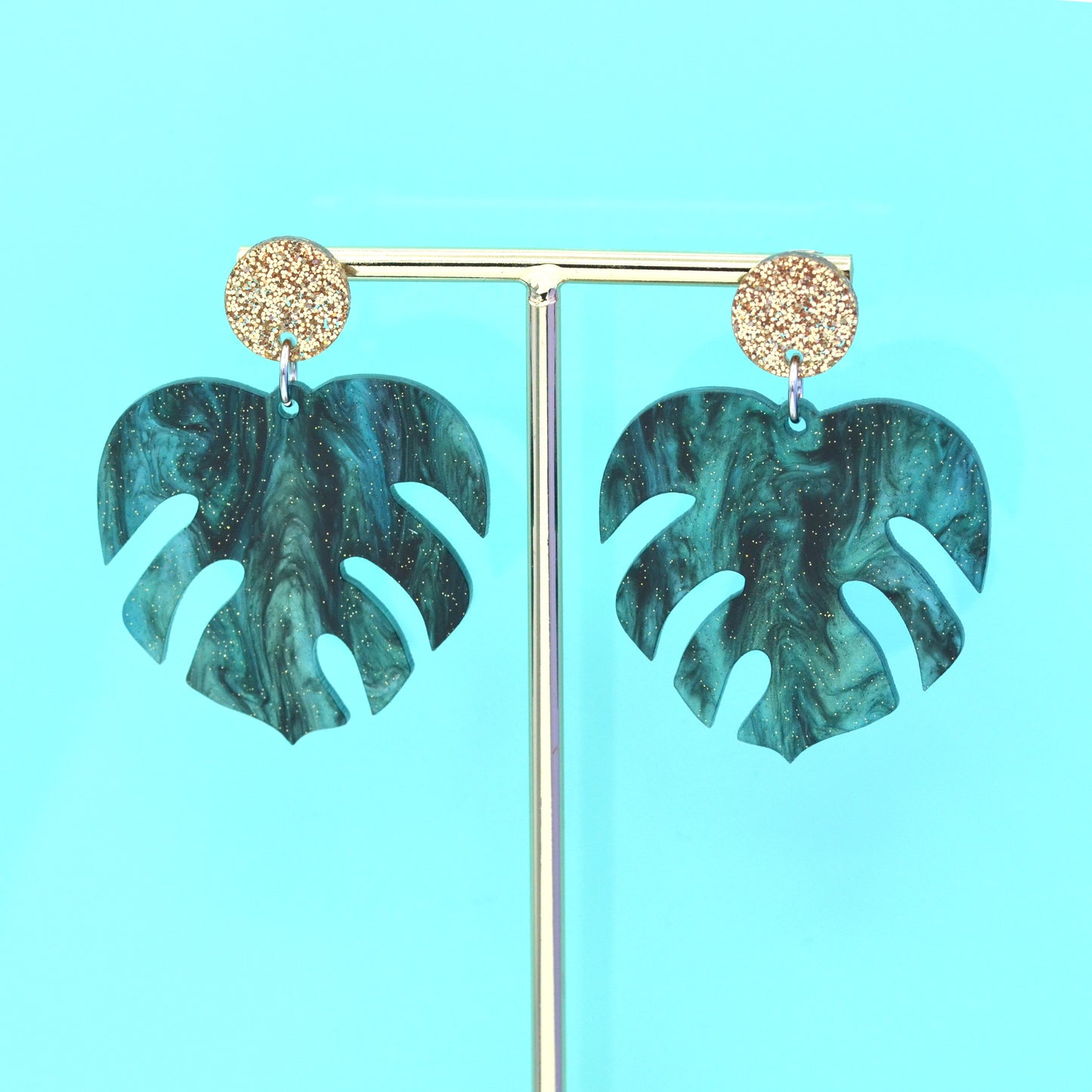 Gold & Green Glitter Marble Monstera Leaf Statement Dangle Earrings