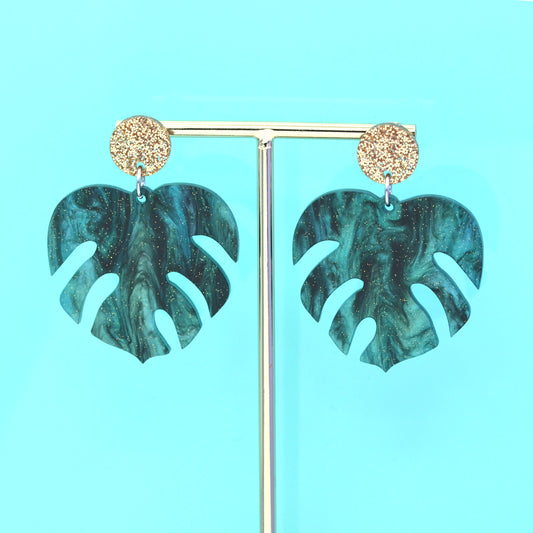 Gold & Green Glitter Marble Monstera Leaf Statement Dangle Earrings