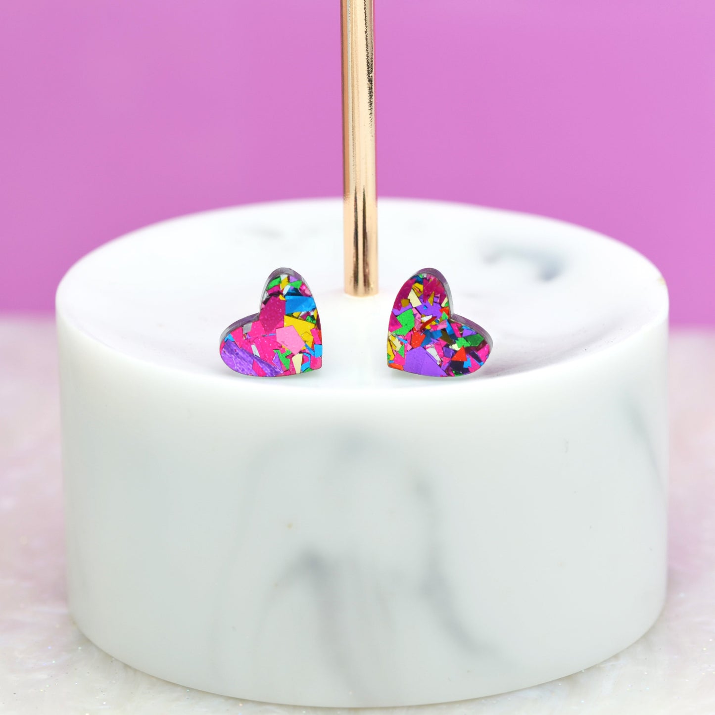 Pink Rainbow Festival Confetti Acrylic Heart Stud Earrings