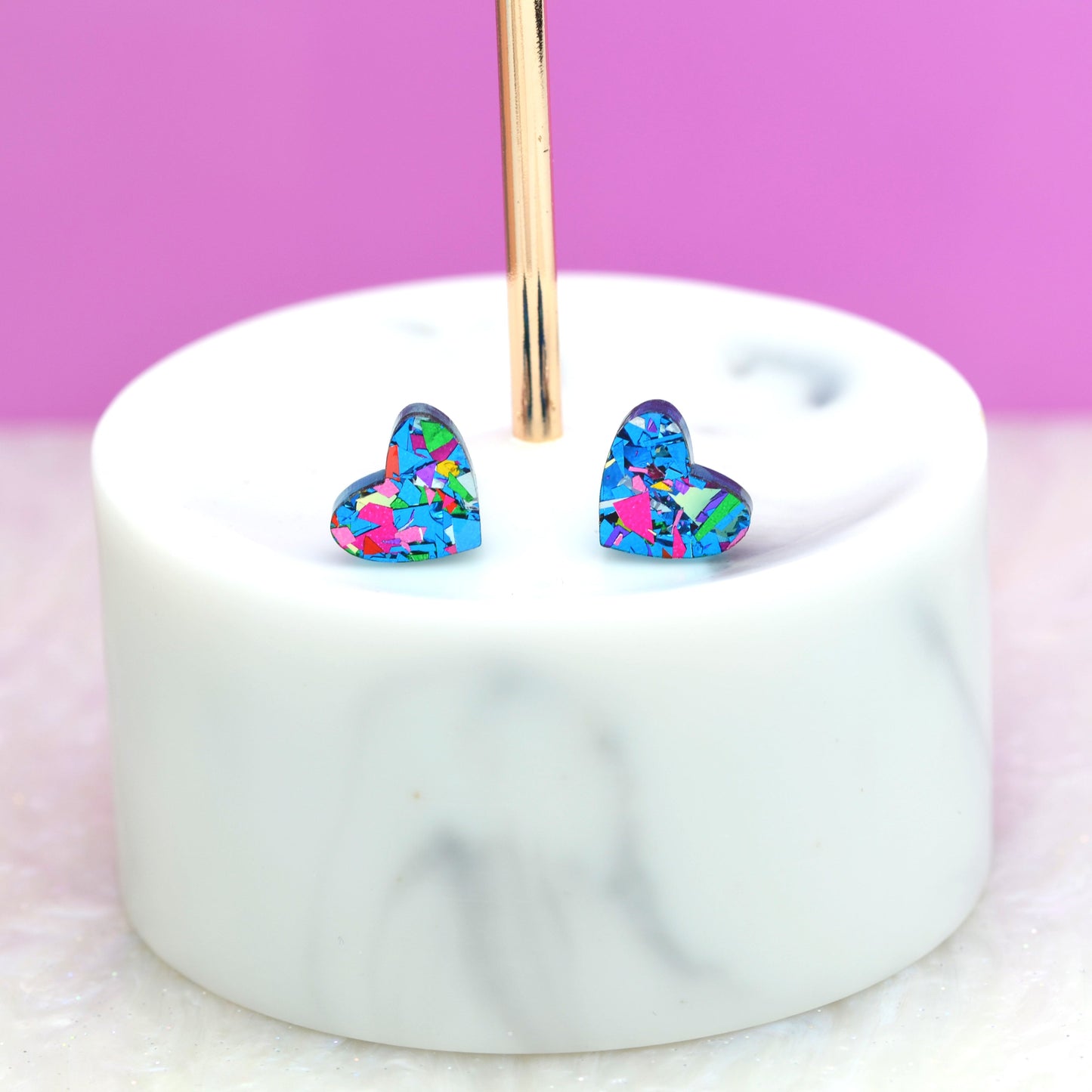 Blue Rainbow Festival Confetti Acrylic Heart Stud Earrings
