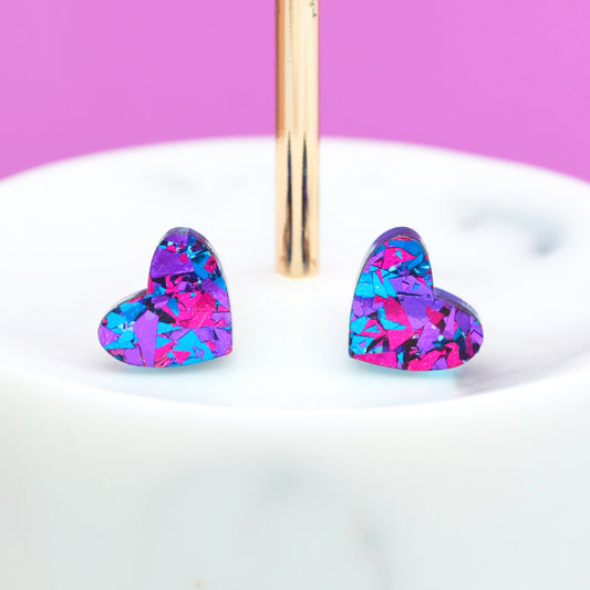 Purple Rainbow Festival Confetti Acrylic Heart Stud Earrings