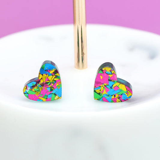 Green Festival Confetti Acrylic Heart Stud Earrings