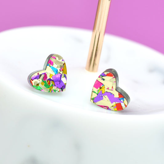Gold Rainbow Festival Confetti Acrylic Heart Stud Earrings