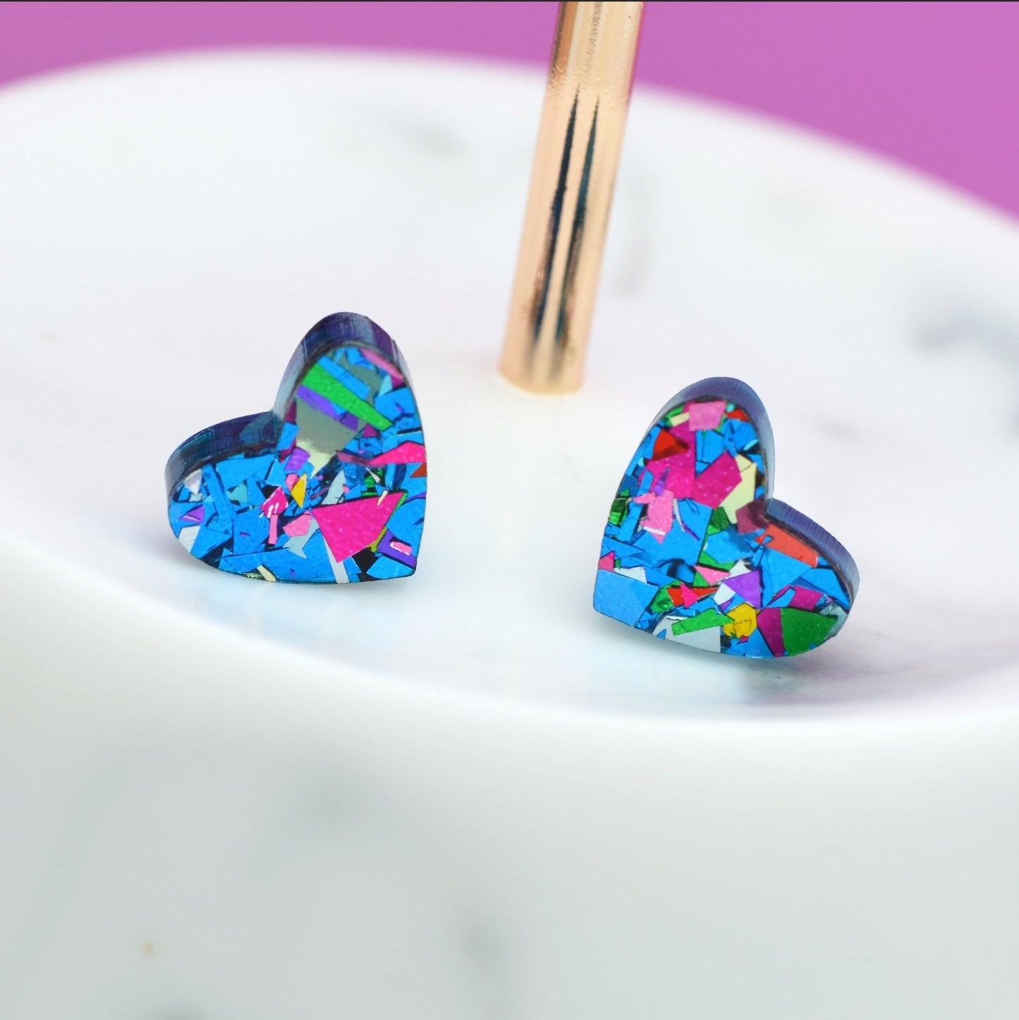 Blue Rainbow Festival Confetti Acrylic Heart Stud Earrings
