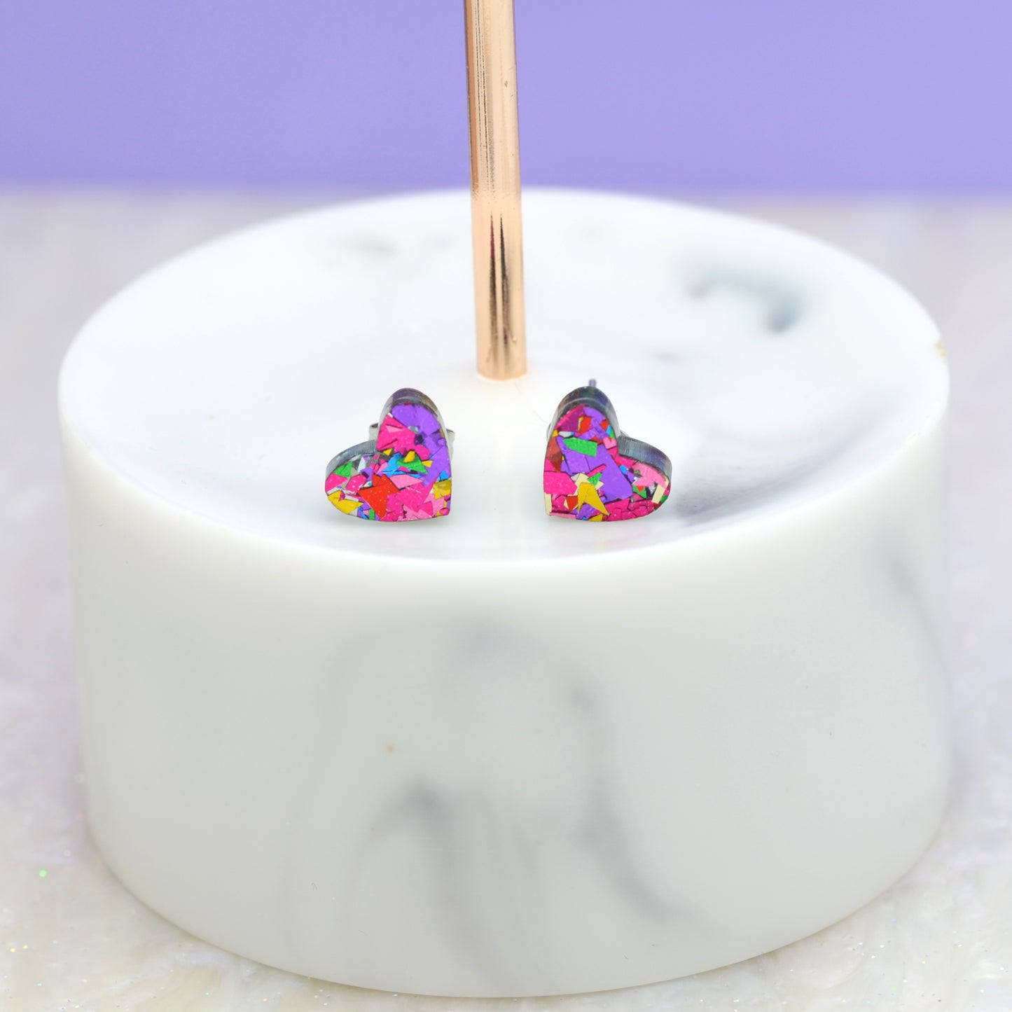 Mini Pink Rainbow Festival Confetti Acrylic Heart Stud Earrings