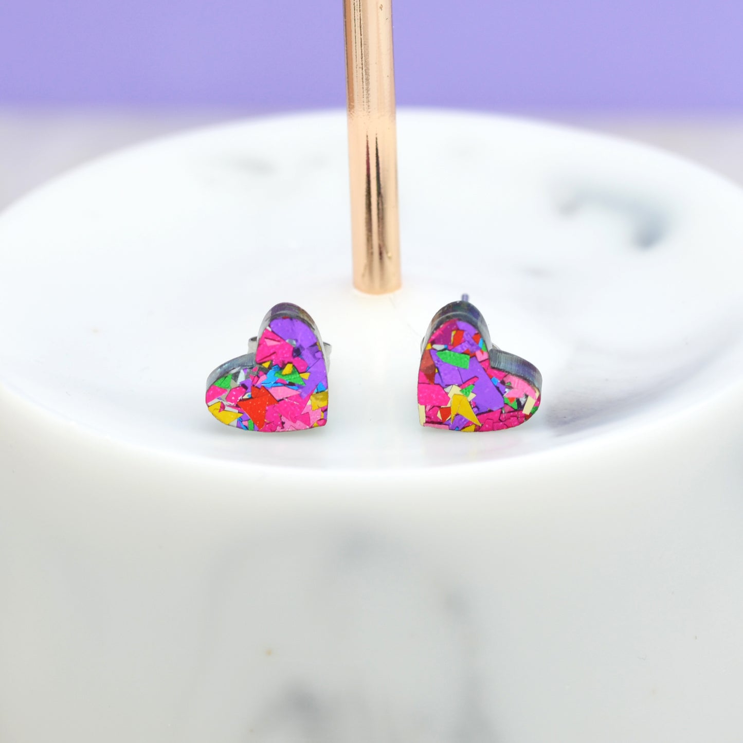Mini Pink Rainbow Festival Confetti Acrylic Heart Stud Earrings