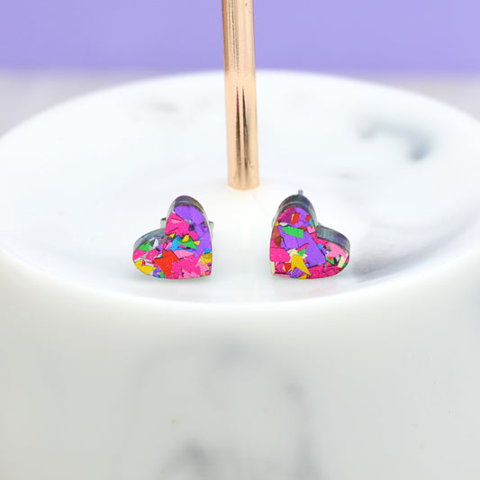 Mini Pink Rainbow Festival Confetti Acrylic Heart Stud Earrings