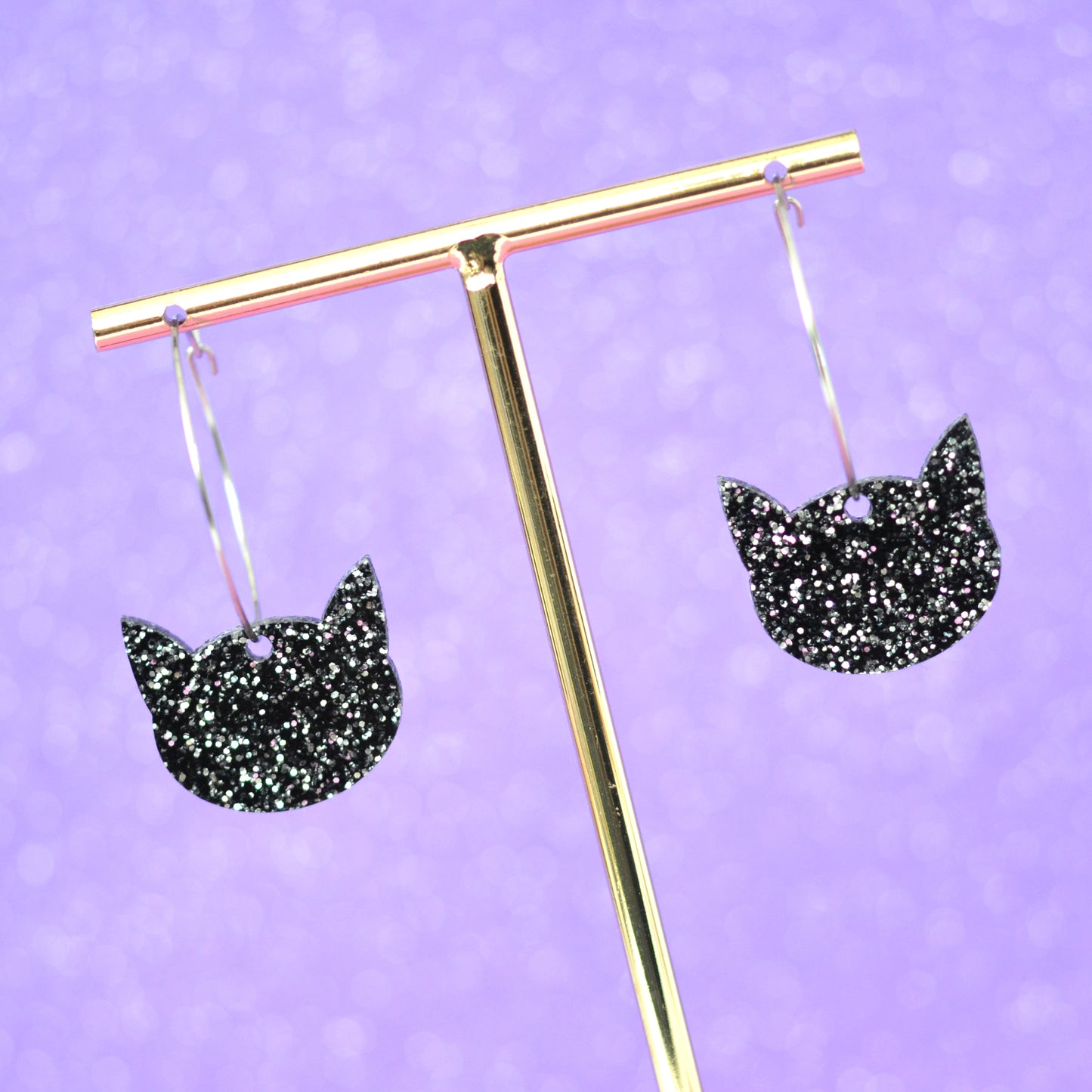 Black Glitter Acrylic Kitty Cat Dangle Hoop Earrings