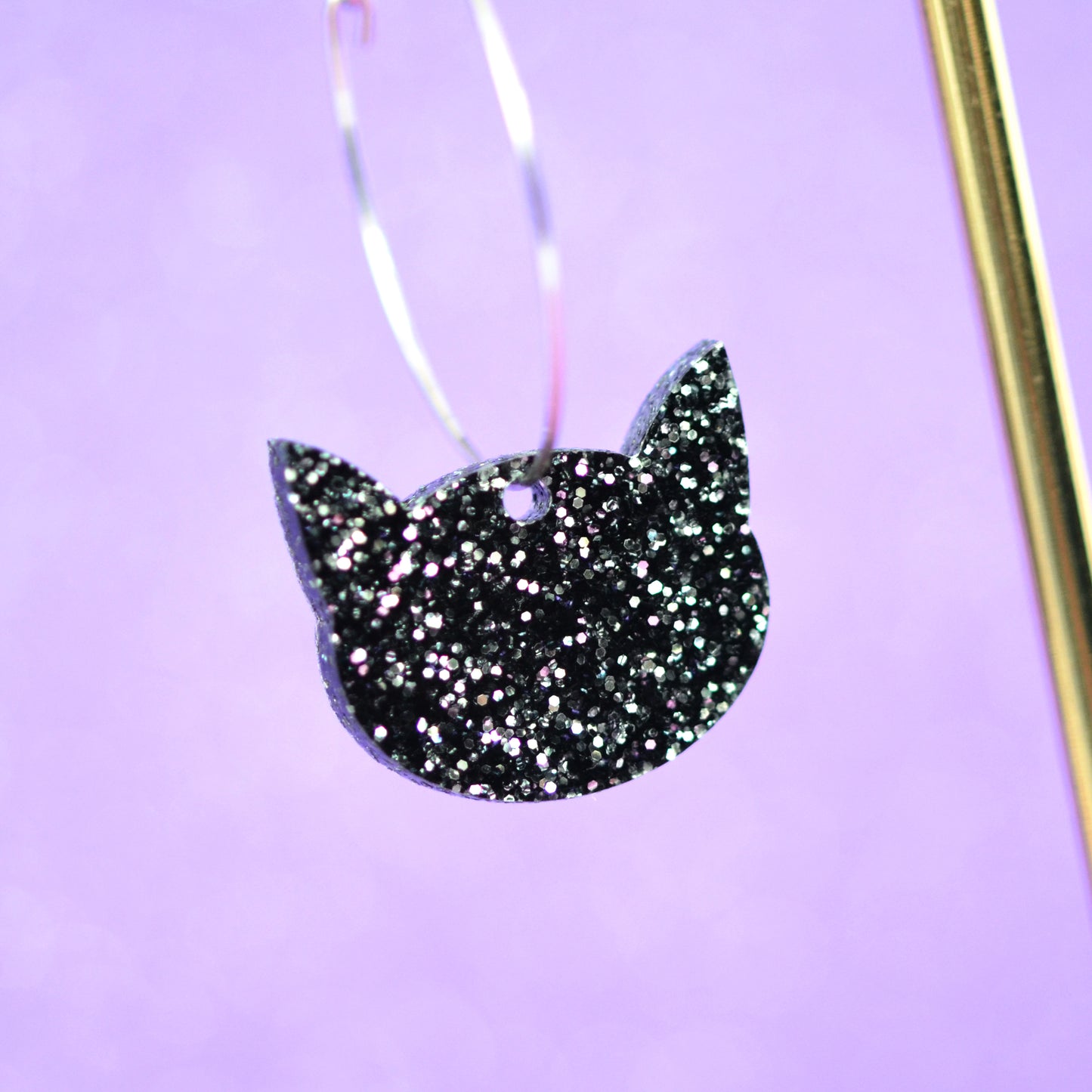 Black Glitter Acrylic Kitty Cat Dangle Hoop Earrings
