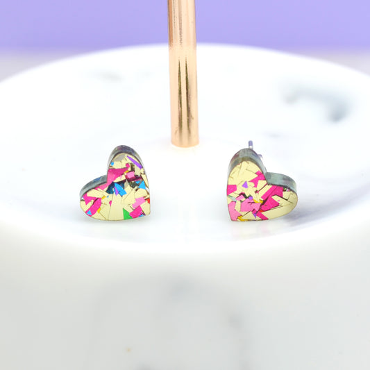 Mini Gold Rainbow Festival Confetti Acrylic Heart Stud Earrings