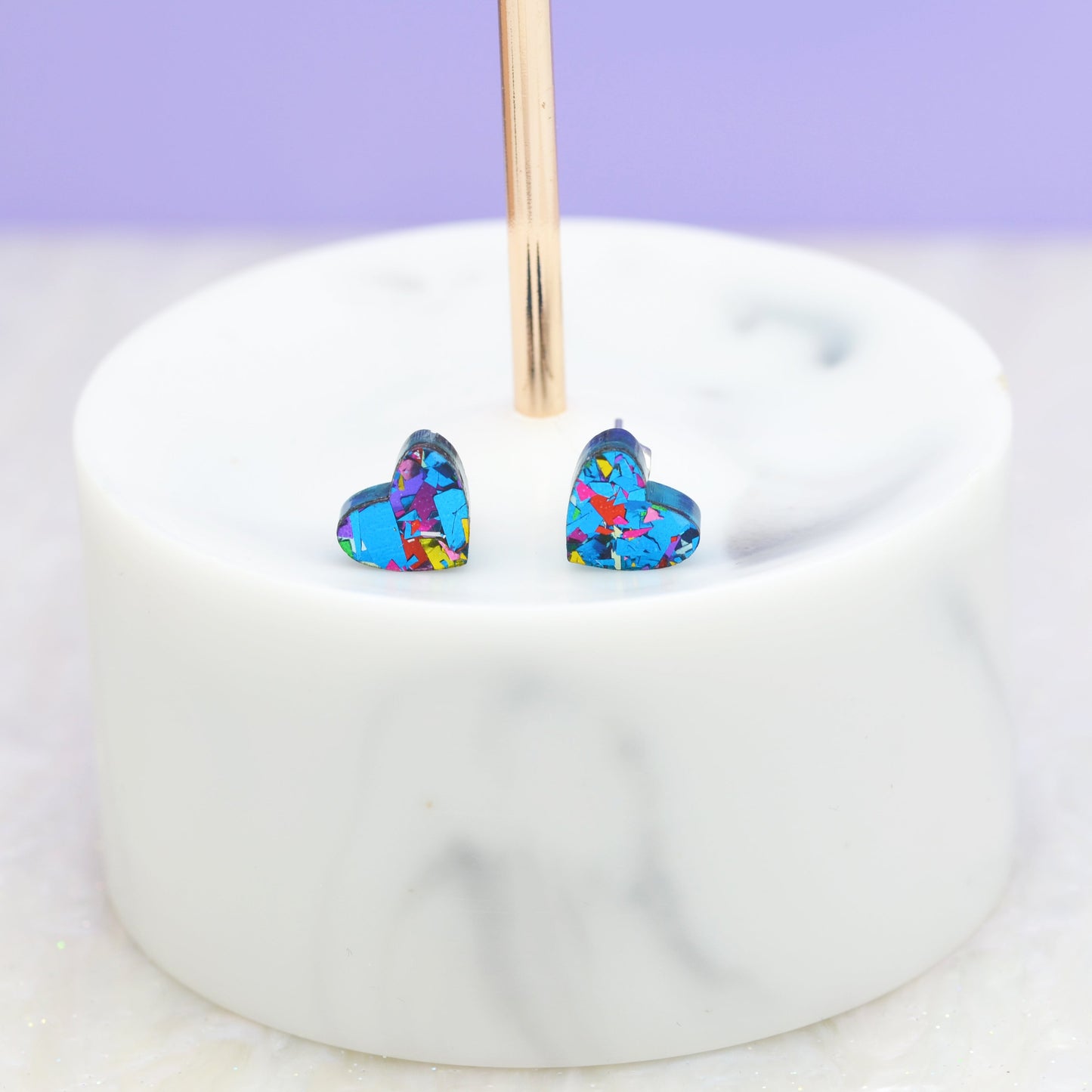 Mini Blue Rainbow Festival Confetti Acrylic Heart Stud Earrings