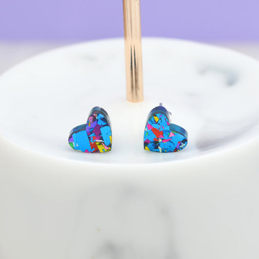 Mini Blue Rainbow Festival Confetti Acrylic Heart Stud Earrings